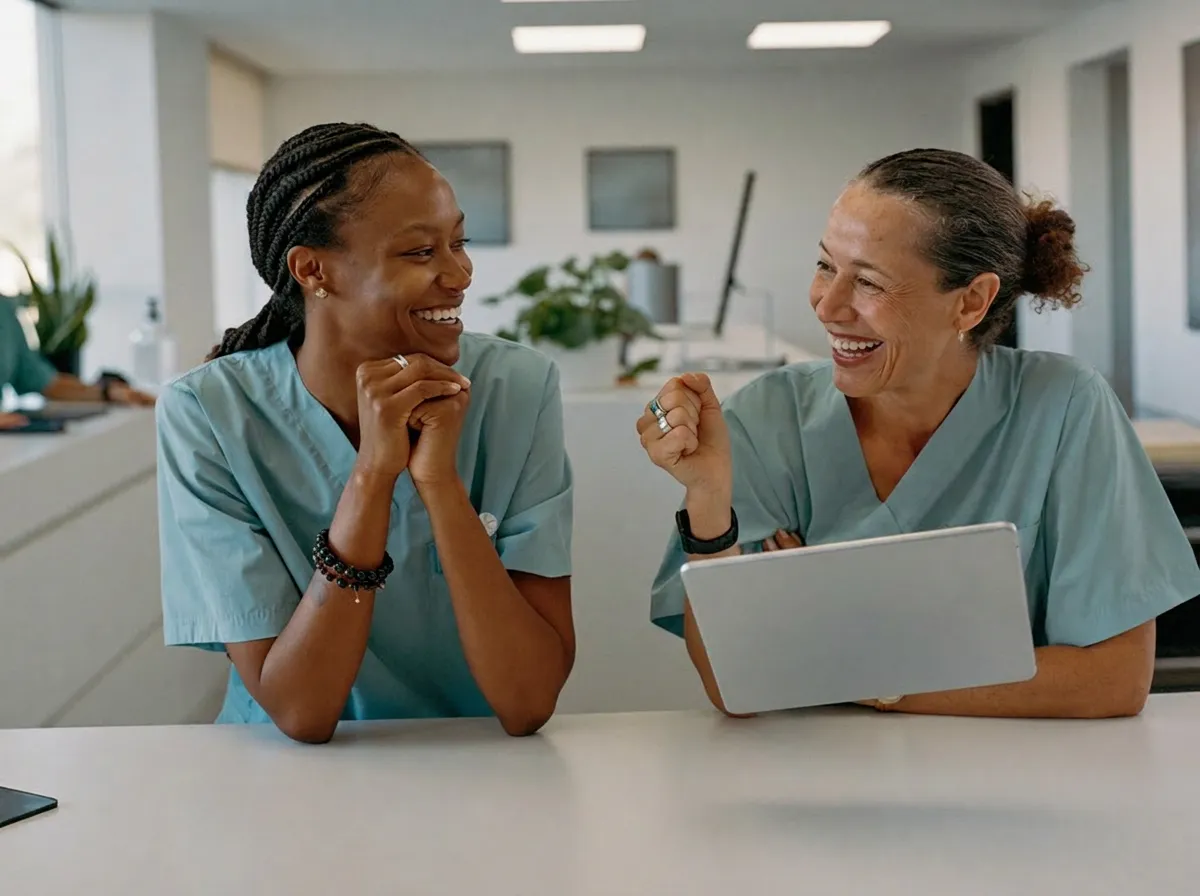Zwei medizinische Fachangestellte am Empfang lachen gemeinsam beim Blick auf ein Tablet (Symbolbild)